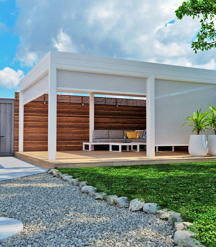 motorized vertical screen system on white pergola in backyard