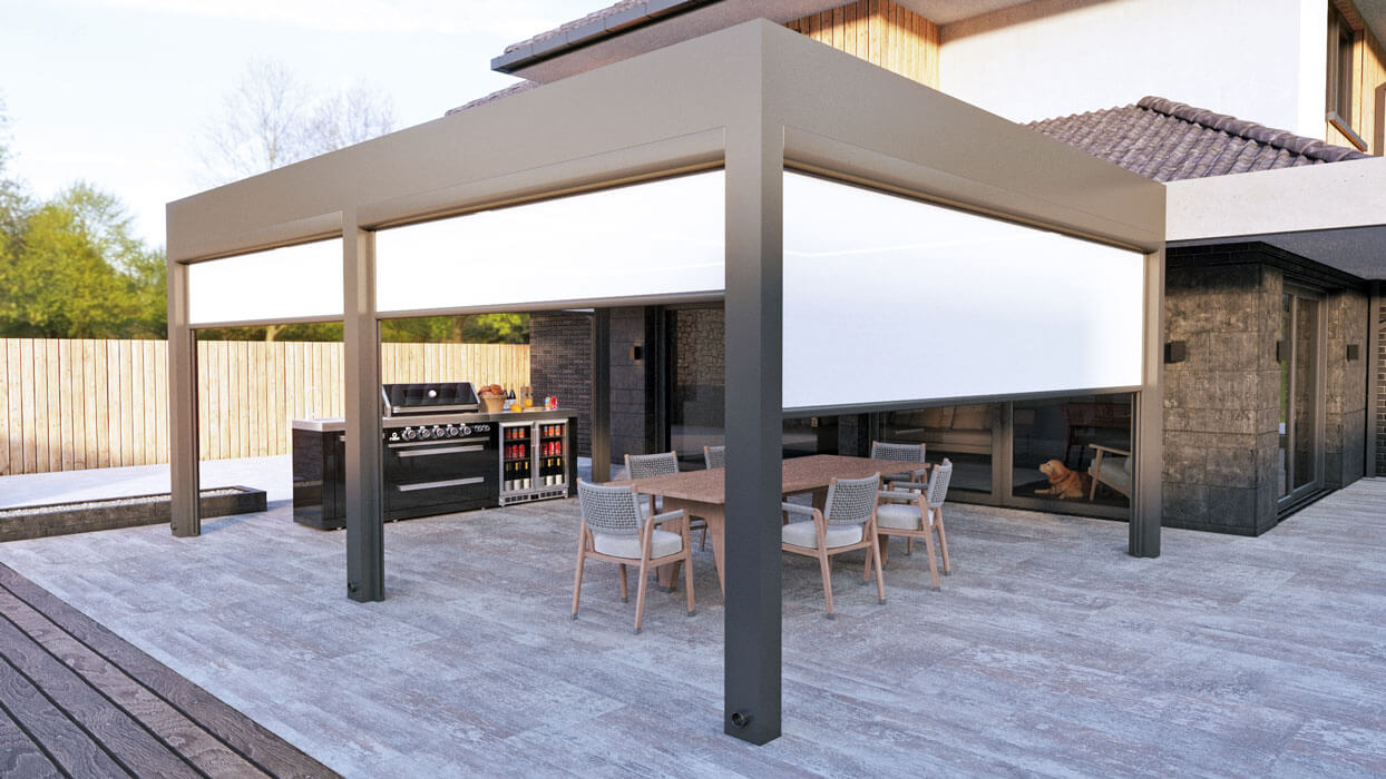 privacy screen on pergola surrounding an outdoor kitchen