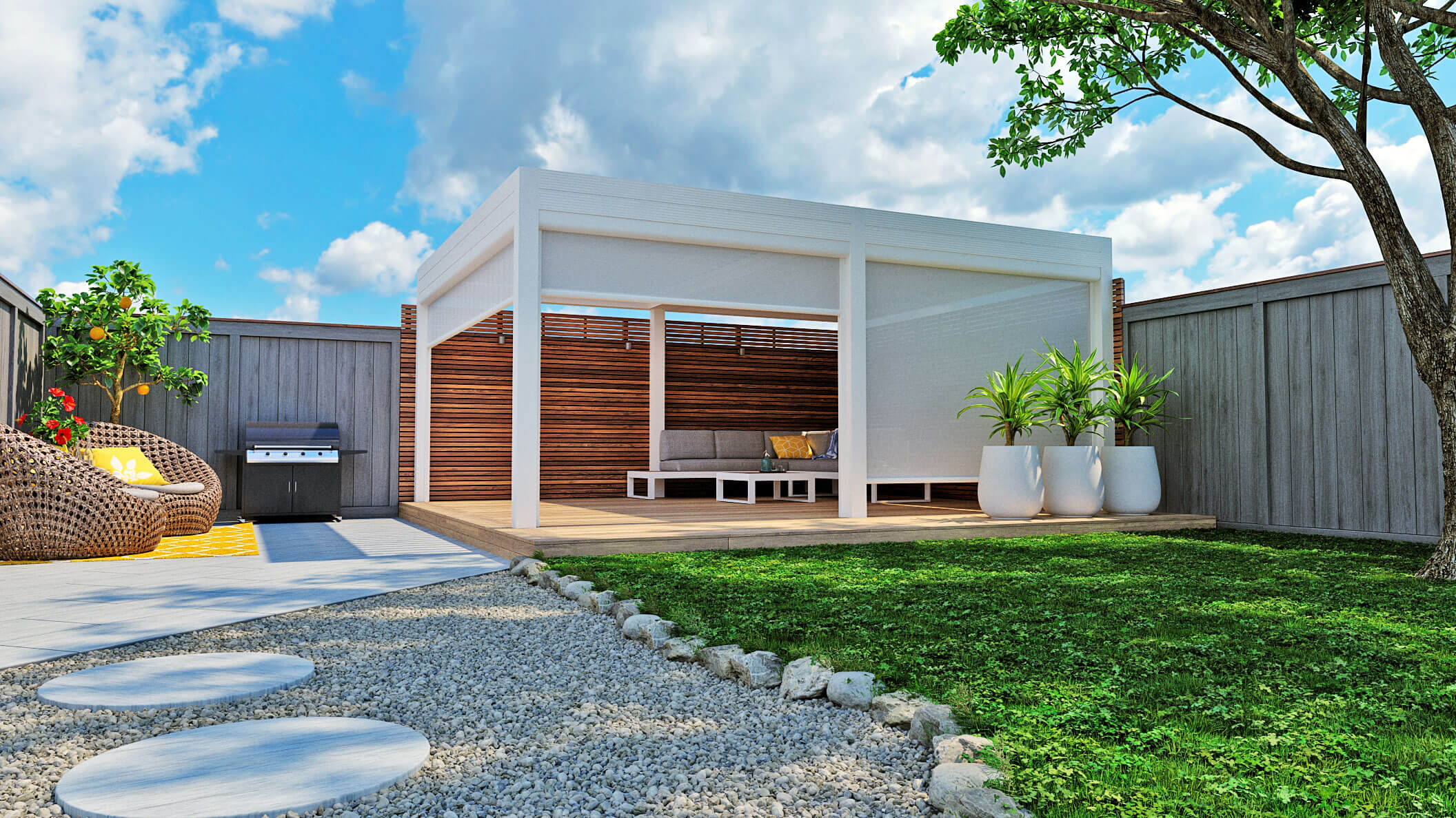 free standing pergola with shade screens