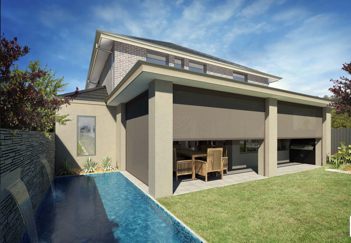 fully shaded screens surround backyard pergola system