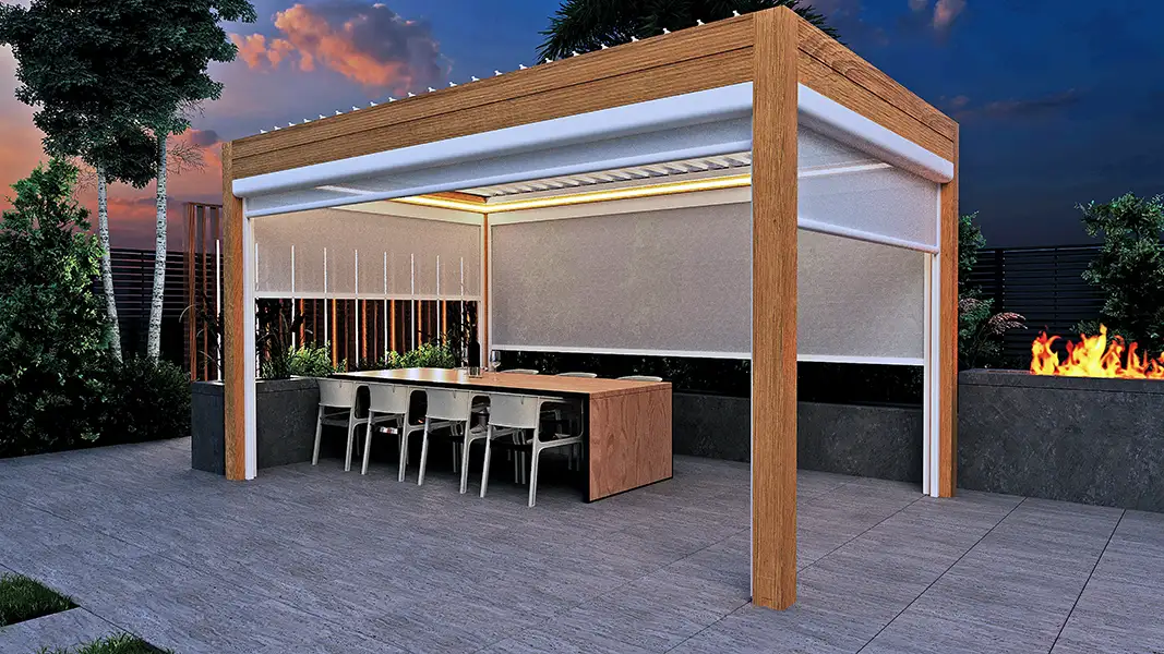 freestanding pergola with full retractable privacy shades