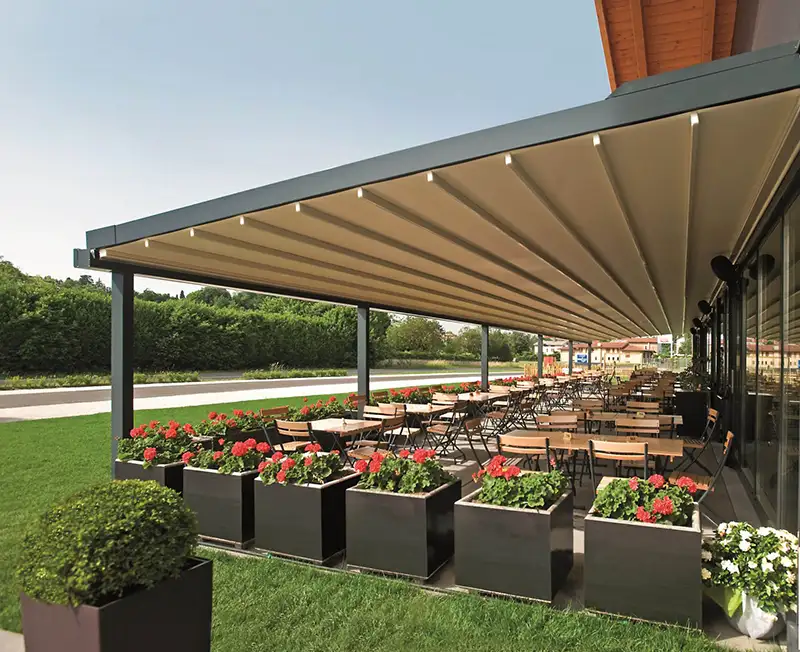 Cedrus Pergola System attached to commercial restaurant