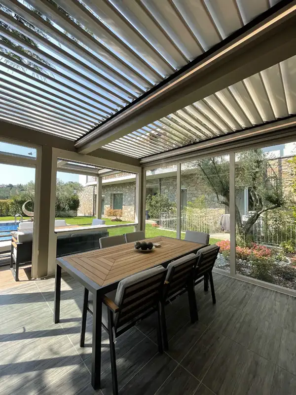 SkyFree pergola system in backyard with pool