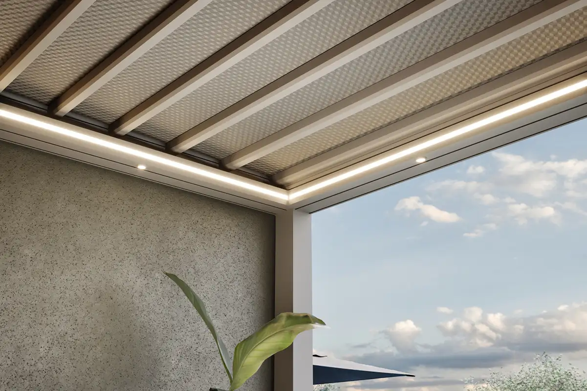 pergola lighting with dimmable LEDs, easily managed via remote or smart app integration