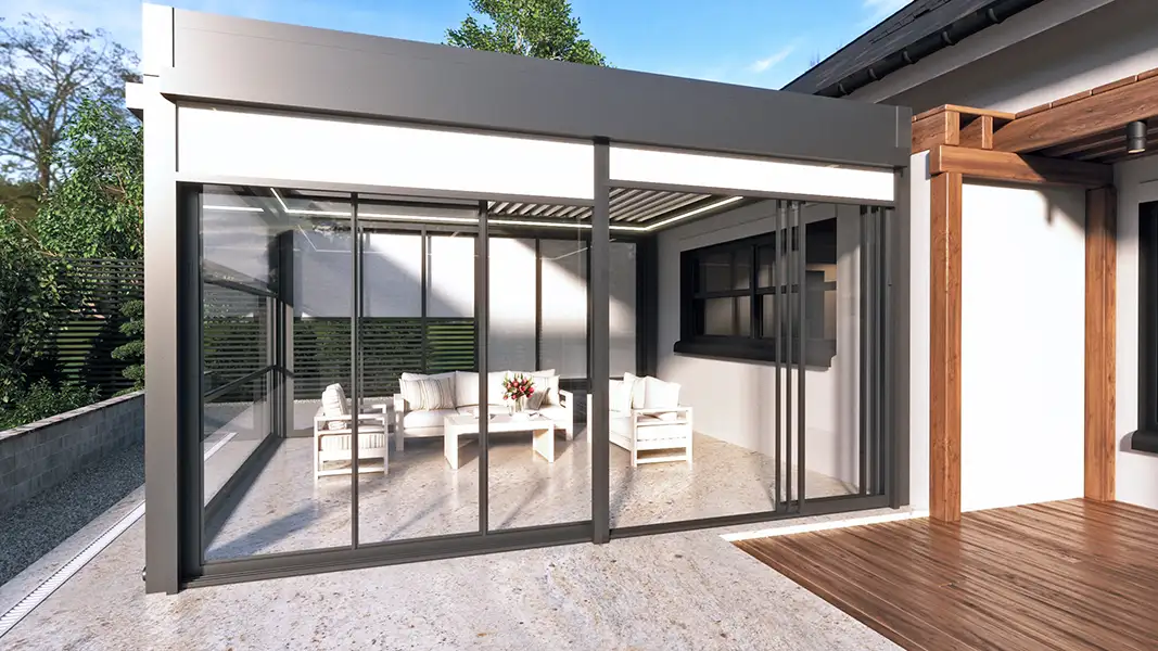 attached pergola system with Bora glass system and white shade screens