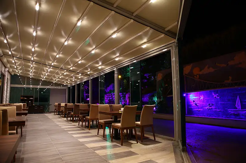 attached pergola system with bright LED strip lights