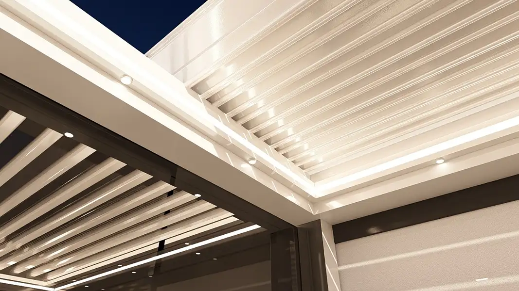 LED puck lights and strips built into white roofing structure beams
