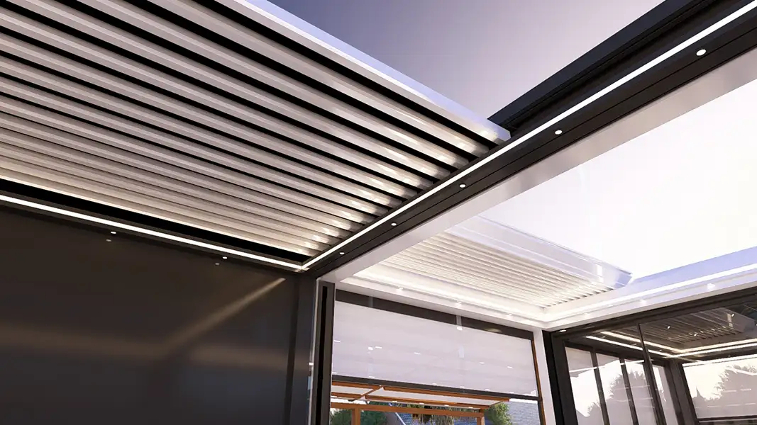 LED puck lights built into roofing structure beams