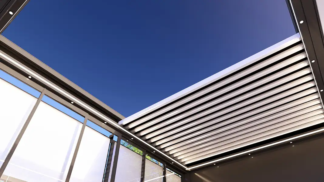 LED puck lights built into roofing structure beams