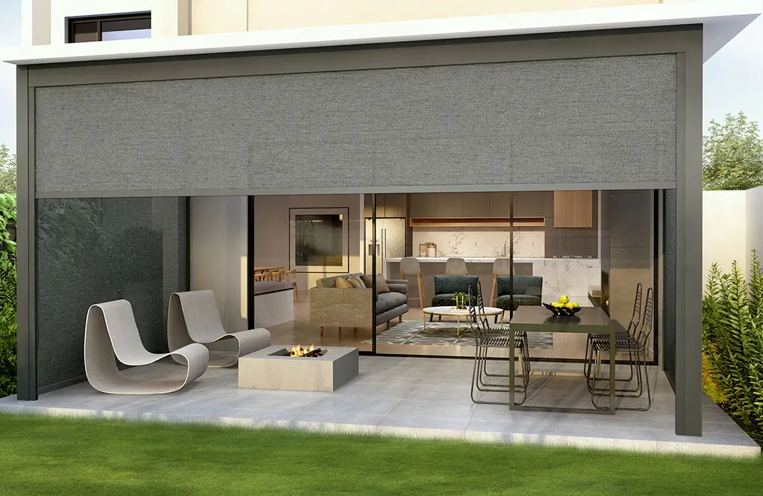 textured shade screen on back patio pergola