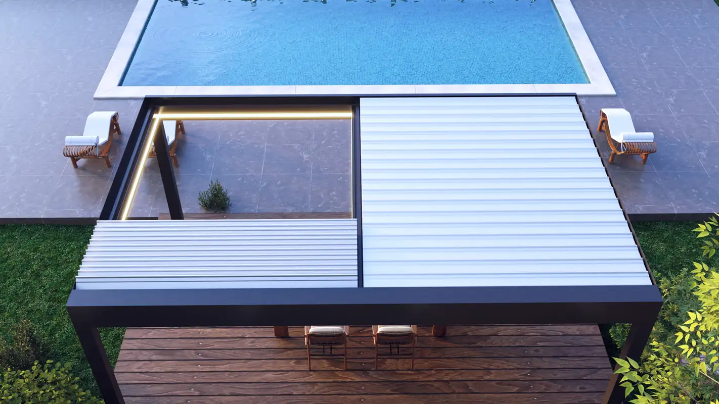 SkyFree retractable roof panels on pergola