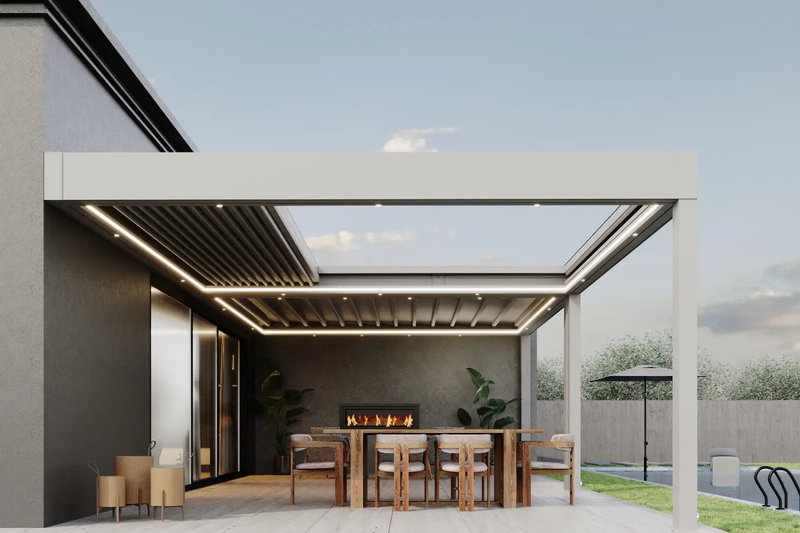 SkyNet pergola system with LED strips and puck lights and retractable roof panels