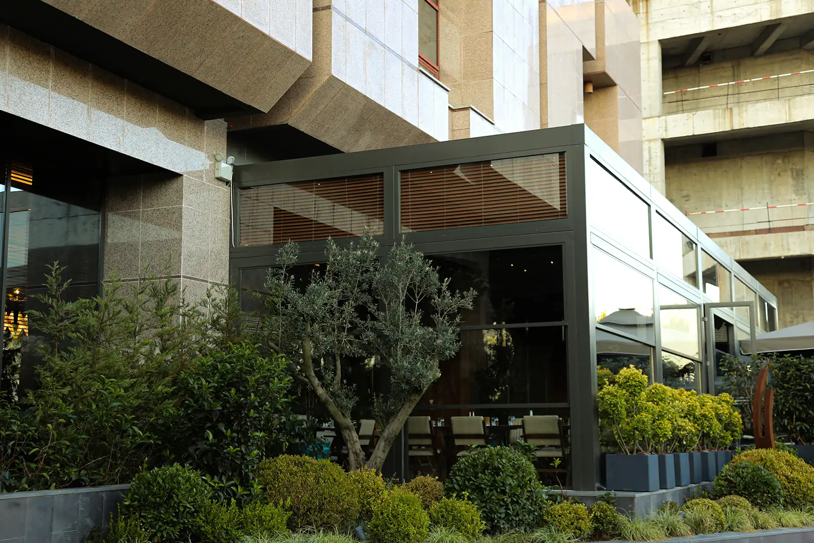 commercial pergola with Verlass glass system