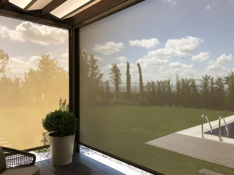 roof and siding SkyZip shade system with see-through fabric